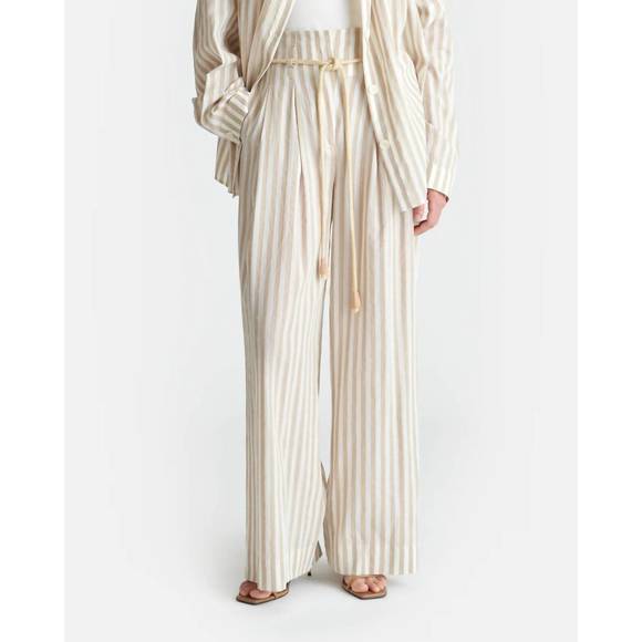 NEW NANUSHKA women's nevada striped belted linen pants in beige/white - Picture 1 of 4